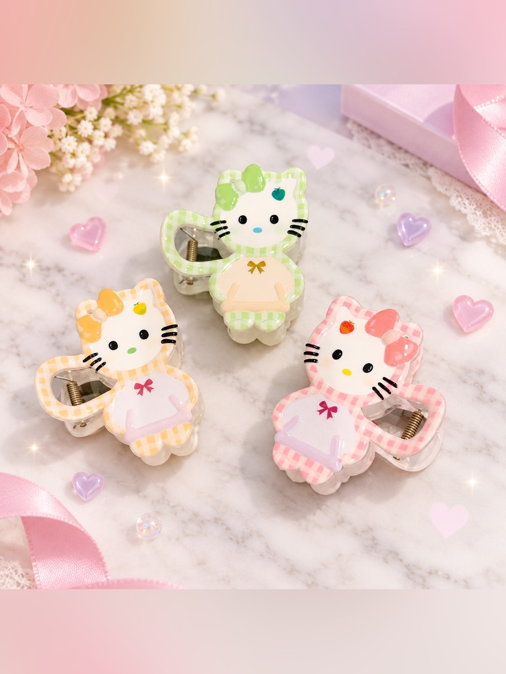 Hello Kitty Gingham Hair Claw Clips – Set of 3 NWOT